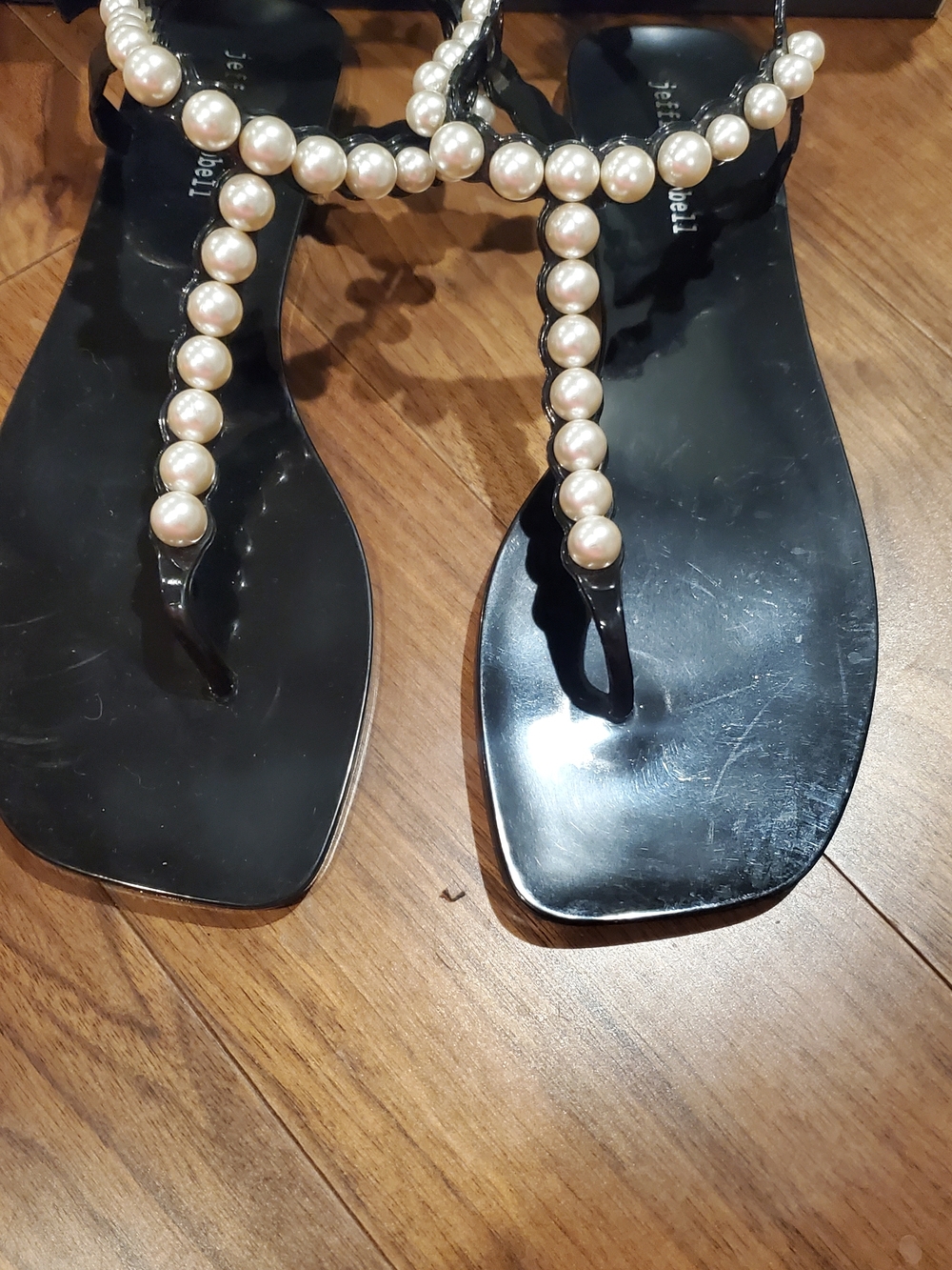 Jeffrey Campbell  Pearlesque Black T‑Strap Sandals with Pearl Trim